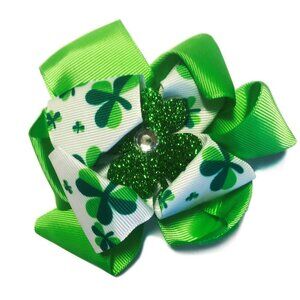 St. Patrick's Day Hair Bows Clips Irish Shamrock Clover Grosgrain Ribbon Pin